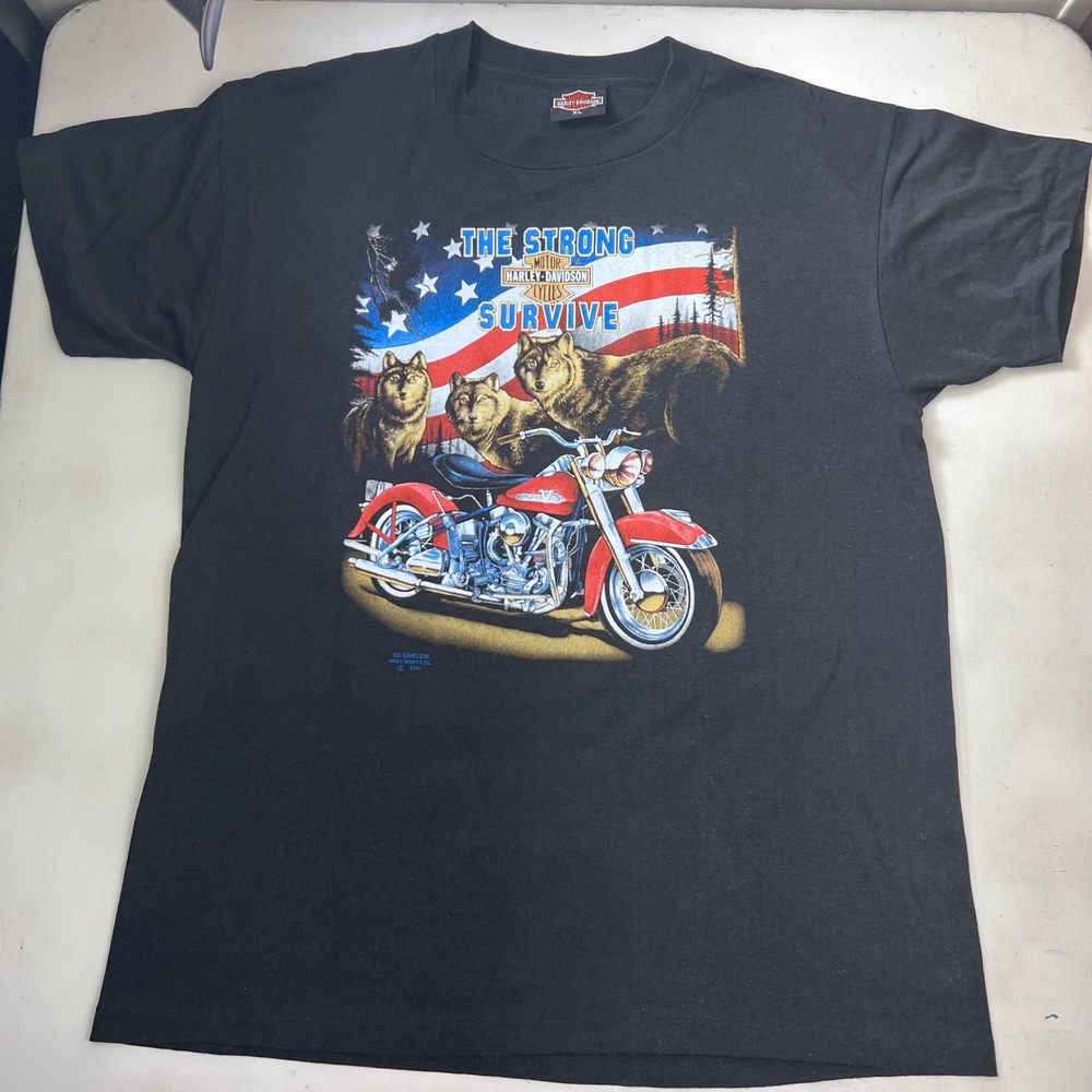 Vtg 1991 Harley Davidson 3D The Strong Survive Wolf T-Shirt XL Black Eagle Back